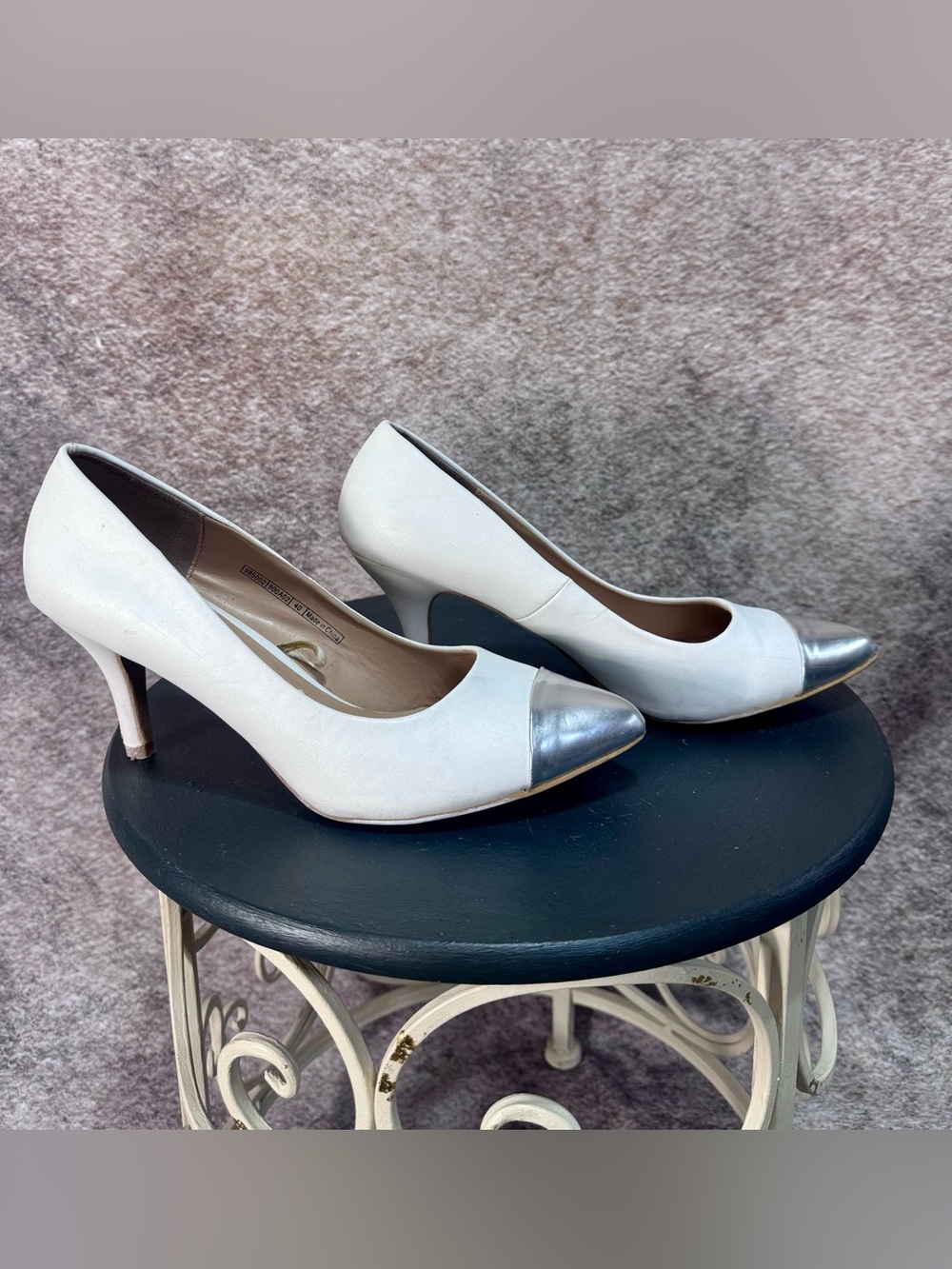 Women's Size 9.5 White Pump with Silver Cap Toe 3” Heel